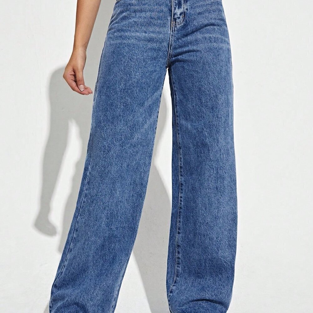 Dark Wash Casual Women's High Waist Wide Leg Jeans - Picture 6 of 6